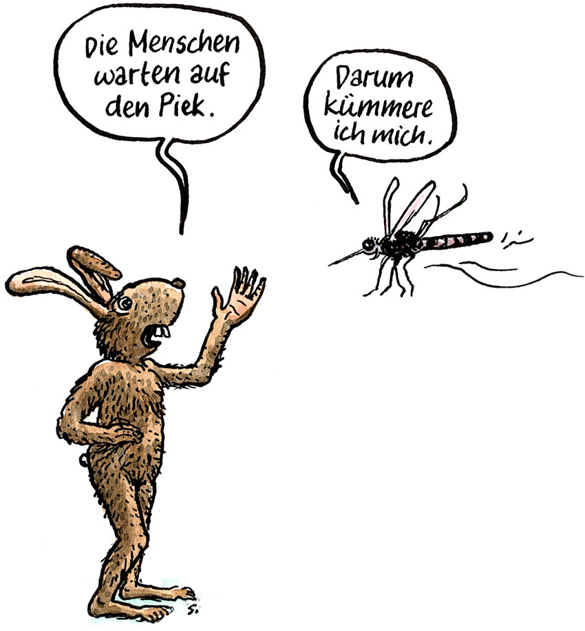 Cartoon: Die Menschen warten auf den Piek. – Darum kümmere ich mich!