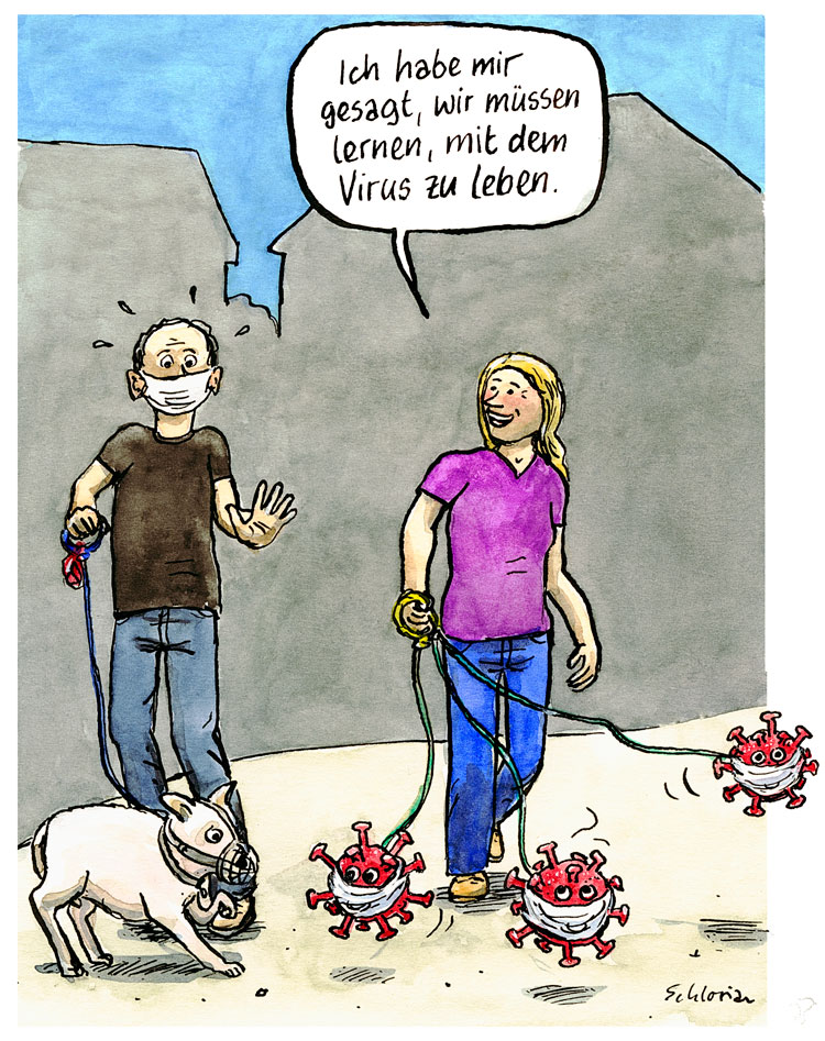 Cartoon Corona an der Leine