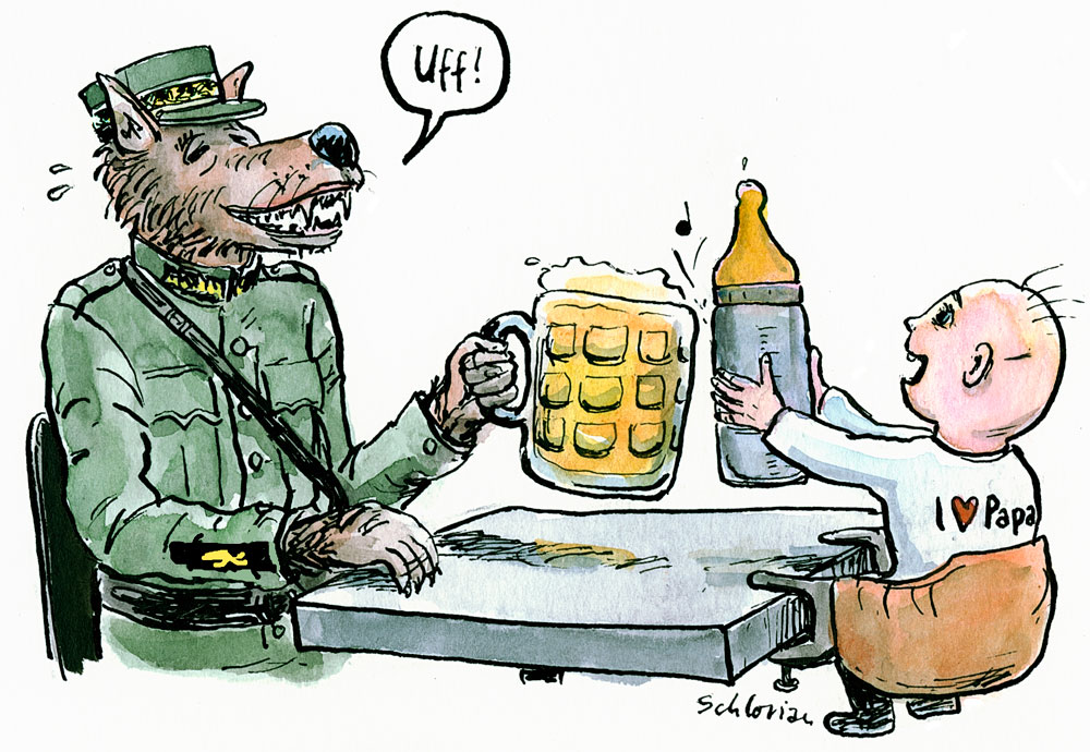 Cartoon: Wolfmilitär prostet Kleinkind zu