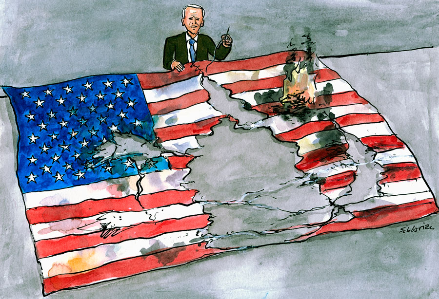 Cartoon: Biden näht US-Flagge