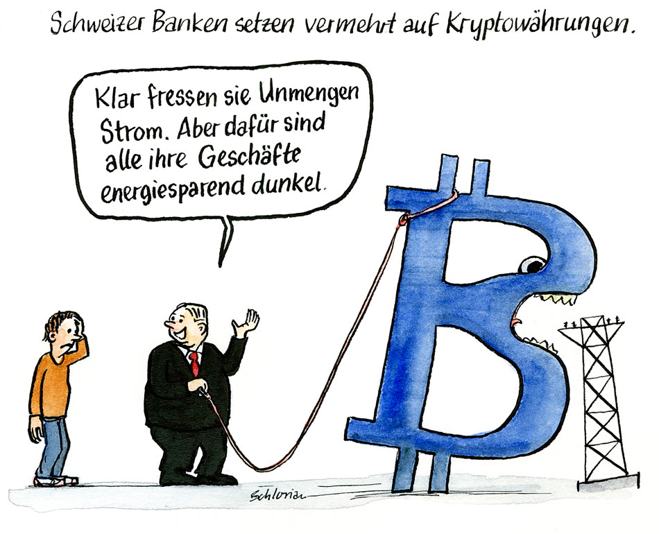 Cartoon Schweizer Banken und Bitcoin & Co.