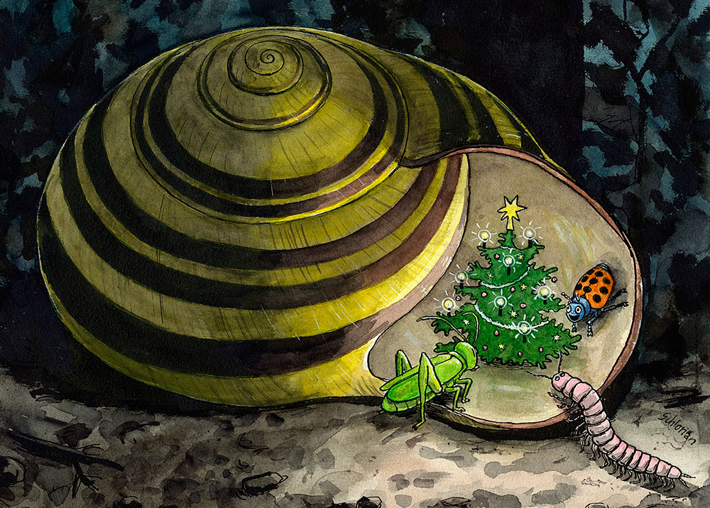 Weihnachtskarte Schneckenhaus